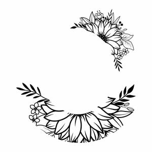 Puede incluir: Elementos de dise&ntilde;o floral en blanco y negro. La imagen presenta dos arreglos semicirculares de girasoles, hojas y peque&ntilde;as flores. El arte lineal detallado es adecuado para varios proyectos de manualidades.