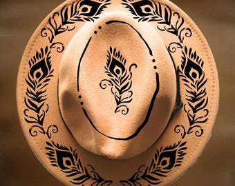 Peacock Feather Hat Burning Pattern, Narrow Brim, Digital Download, Hand Burnable