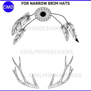 May include: Black and white digital design elements for narrow brim hats. Features a dreamcatcher with feathers and antler designs. Text includes "Commercial and Personal Use", "For Narrow Brim Hats", and file type options: SVG, PNG, JPG, PDF.
