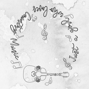 May include: Black and white illustration featuring a guitar with rose accents and the word "MUSIC" on the fretboard. The phrase "Just a girl who loves Country Music" is written in a circular pattern around the guitar, with musical notes.