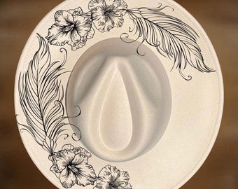 Feathers and Flowers Wide Brim Hat Burning Design Template, Hand Burning, Digital Download