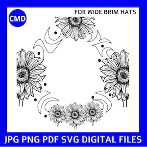 Sonnenblume Motiv Hut Brennendes Design, für breite Krempen, Sonnenblume Muster, Laser freundlich, Pyrographie Vorlage, digitale Dateien png pdf jpg SVG