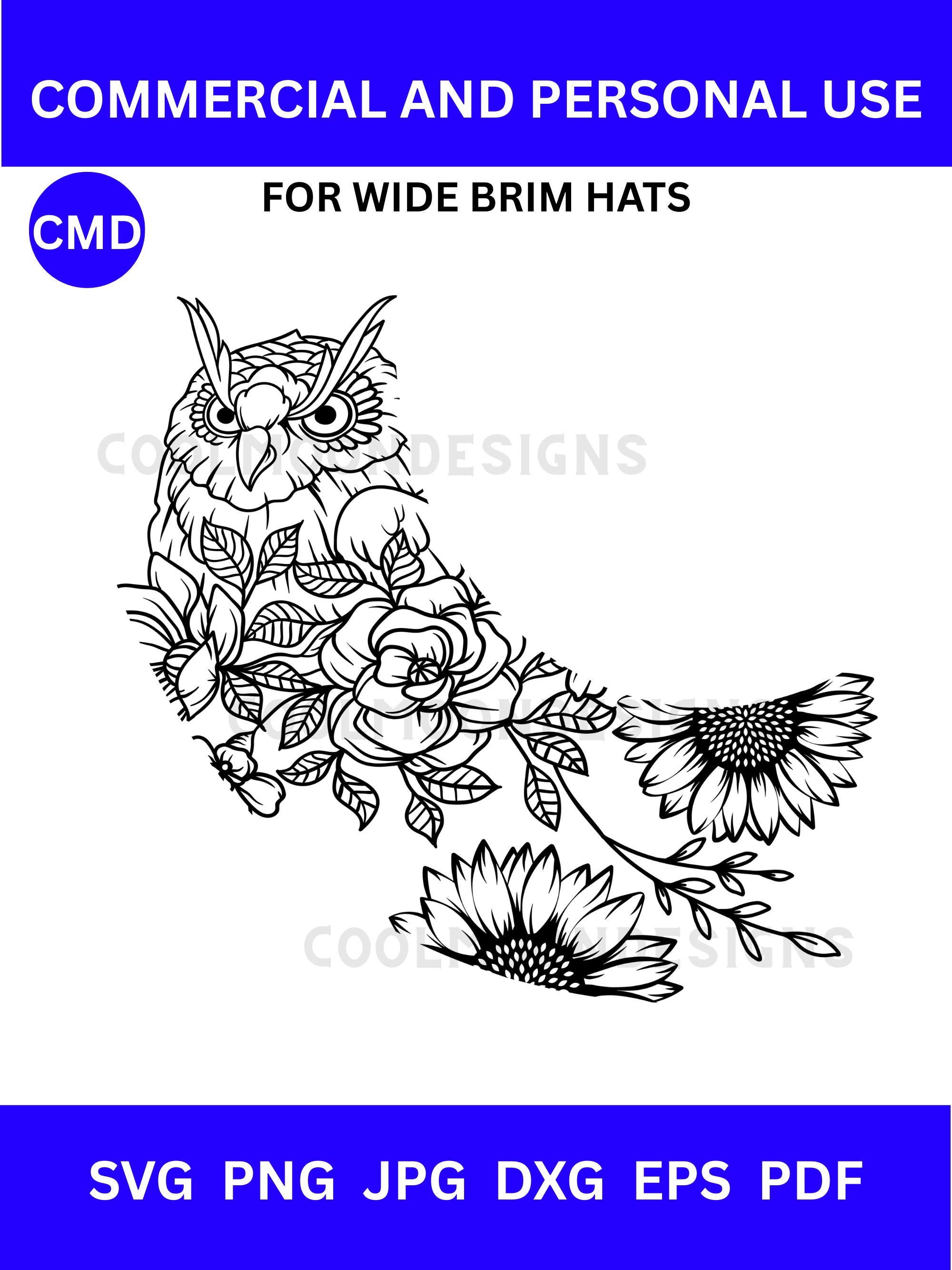 Boho Style Owl and Sunflower Hat Burning Design, Owl Floral Hat Pattern For Wide Brim Hat, Pyrograph