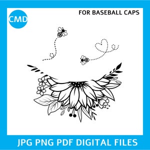 Sonnenblume Baseballmütze Brennendes Design, Ball Cap Brennendes Muster, Rückverfolgbare Pyrographie-Vorlage, Sommerblumen und Bienen, digitaler Download