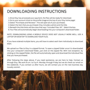 May include: A white document with the title "DOWNLOADING INSTRUCTIONS" against a blurred background of wheat. The document provides step-by-step instructions for downloading files purchased on Etsy, including notes about using a laptop or desktop.