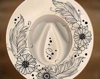Feather Party Hat Burning Design, Floral Feathers Pattern, Flowers, Wide Brim Hats, DIY Pyrography Template, Digital Files png jpg pdf SVG