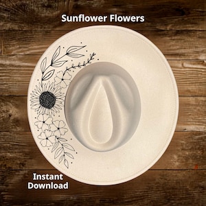 Sunflower Flowers Wide Brim Hat Burning Design, Floral Spray Hat Pattern, DIY Pyrography Hat Template Digital Files SVG png pdf jpg