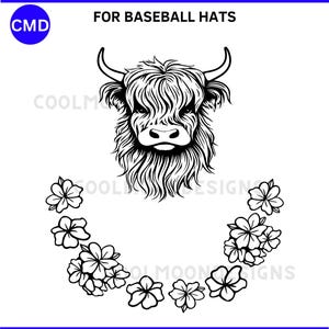 Cute Highland Cow Baseball Hat, Ball Cap, Cow And Flower Pattern, DIY Pyrography Template, Burned Hat, Digital Download, png pdf jpg svg