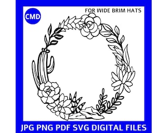 Succulent Wreath Hat Burning Design, Desert Cactus Pattern, South Western, Pyrography Template, Digital Files png pdf jpg SVG