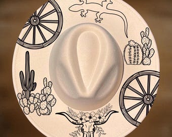 Desert Days Hat Burning Design, Wide Brim Pyrography Pattern, Hand Burn, Digital Download