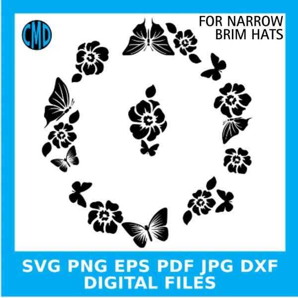 Stencils For Hat Burning SVG, Butterflies And Posies Pattern, Narrow Brim Hats, Hat Brim, Hat Stencil svg, Burnt Burn Fedora, Digital Design