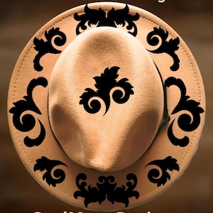 May include: A tan fedora hat with black decorative floral designs. The hat has a rounded crown and a wide brim. The text "For Hand Burning" and "CoolMoonDesigns" are displayed on the image.