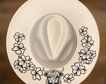 Hat Burning Design, Highland Cow Floral Wide Brim Pattern, Beginner Friendly, Digital Download
