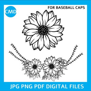 Sonnenblumenstrauß Baseballmütze Brennendes Design, Sonnenblumen Muster, Ballmütze, DIY Pyrographie-Vorlage, Gebrannter Hut, Digitale Dateien png pdf jpg