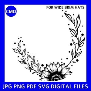 Sonnenblume Sommer Hut mit breiter Krempe Brennendes Design, Sonnenblumenmuster, Sonnenblumen Vorlage, Gebrannter Sonnenblumenhut mit Blumenmuster Digitale Dateien png pdf jpg