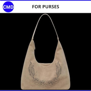 May include: A beige suede shoulder bag with a curved design. The bag features a black floral and feather design. The top of the image has the text "COMMERCIAL AND PERSONAL USE" and "FOR PURSES". The bottom of the image has the text "SVG PNG JPG DXF EPS PDF".