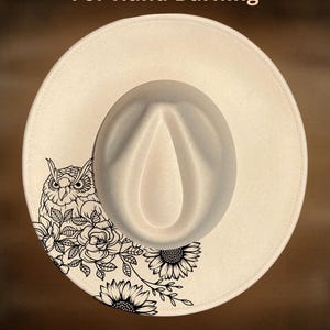Owl Flowers Sunflower Hat Burning Design, Wide Brim Pattern, Hand Pyrography, Digital Files