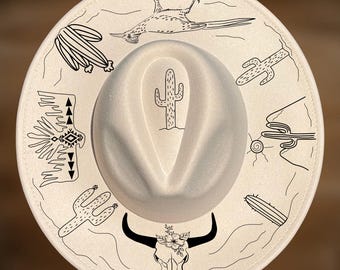 Desert Cactus Hat Burning Design, Beginner Wide Brim Designs, Longhorn Skull Pattern, Pyrography Pattern