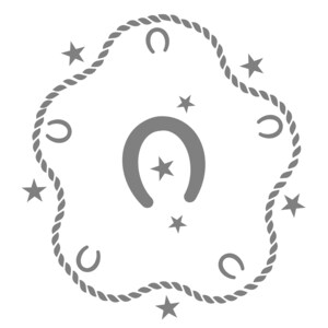 K&ouml;nnte beinhalten: Ein graues Grafikdesign mit einem Hufeisen mit einem Stern darin, umgeben von Sternen, Hufeisen und einem Seilrand. Das Design ist vor einem wei&szlig;en Hintergrund platziert und erzeugt ein einfaches, aber auff&auml;lliges Bild.