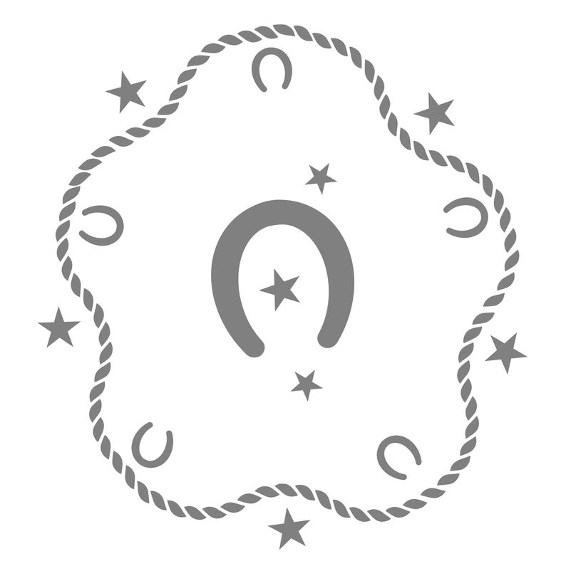 K&ouml;nnte beinhalten: Ein graues Grafikdesign mit einem Hufeisen mit einem Stern darin, umgeben von Sternen, Hufeisen und einem Seilrand. Das Design ist vor einem wei&szlig;en Hintergrund platziert und erzeugt ein einfaches, aber auff&auml;lliges Bild.
