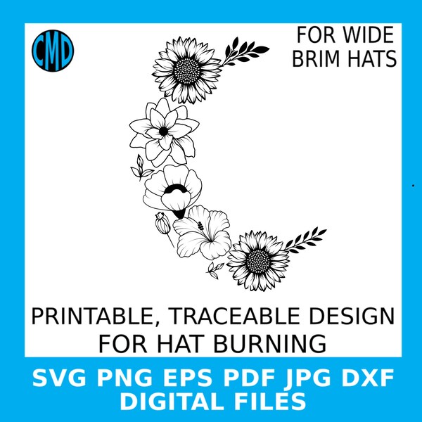 Modèle de conception brûlant de chapeau de tournesol de bohème, modèle floral de chapeau à bord large, conception de chapeau d'été, fichier SVG de conception de chapeau des femmes chics et décontractées