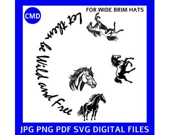 Design de chapéu selvagem e livre, padrão de cavalo selvagem, compatível com laser, para abas largas, modelo de pirografia, arquivos digitais png pdf jpg SVG