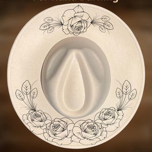 May include: Cream-colored fedora hat with a floral rose design. The hat features the text "For Hand Burning" and "CoolMoonDesigns". The brim is decorated with rose and leaf illustrations.