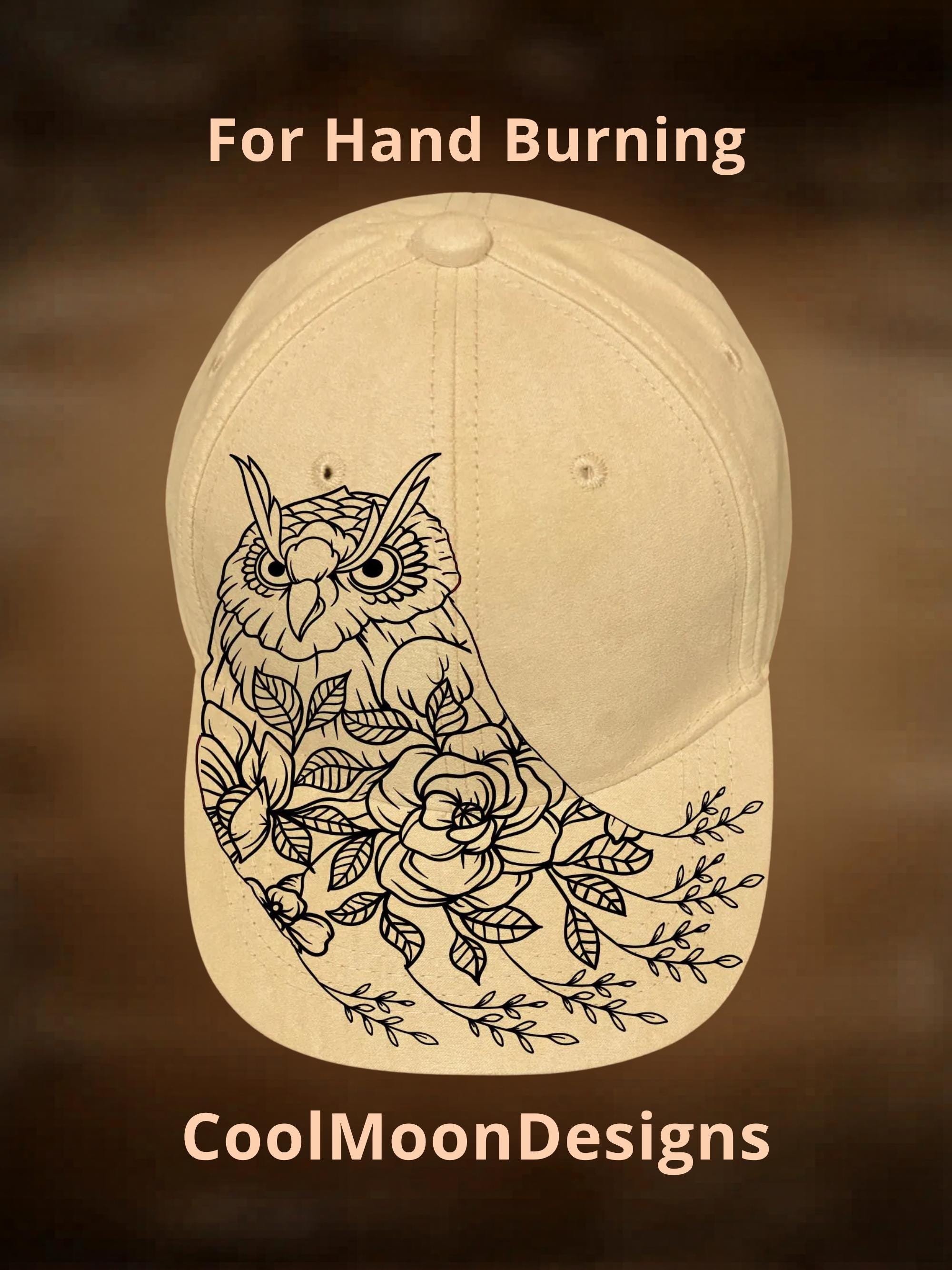 Floral Owl Baseball Hat Burning Design, Ball Cap Pattern, Easy Hand Pyrography, Digital Download
