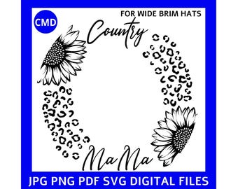 Hut mit breiter Krempe, Hut mit breiter Krempe, Brandmalerei mit Sonnenblumen und Leopardenmuster, digitale Dateien png jpg pdf SVG