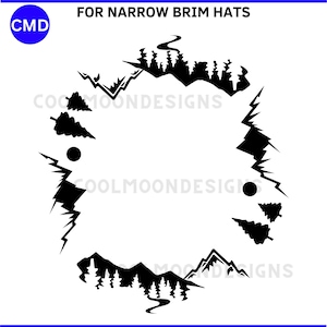 May include: Black and white graphic design for narrow brim hats. The design features a circular frame with mountain and tree silhouettes, lightning bolts, and the text "COMMERCIAL AND PERSONAL USE" and "SVG PNG JPG PDF".