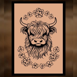 May include: A black and tan image featuring a Highland cow head surrounded by floral accents. The text "For Hand Burning" and "CoolMoonDesigns" are displayed in white.