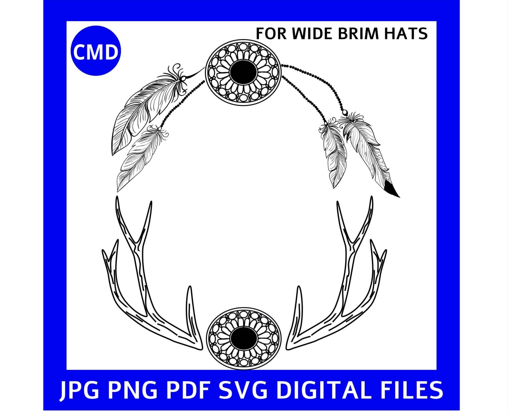 Antlers and Feathers Hat Burning Design, Antler Pattern, Hunters Dreams, Wide Brims, DIY Pyrography Template, Digital Files png jpg pdf SVG