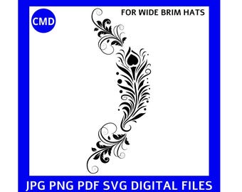 Feather Flourish Hat Burning Traceable Design, Hat Burning Tracing Stencil For Wide Brim Hats, png jpg pdf svg Digital Files