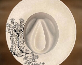 Cowgirl Boots And Roses Hat Burning Design, Wide Brim Pattern,, Digital Download