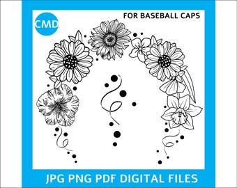 Gorra de béisbol con ramo de flores, patrón de arco floral, para gorras de béisbol, plantilla de pirograbado para hacer uno mismo, gorra quemada, descarga digital, png pdf jpg