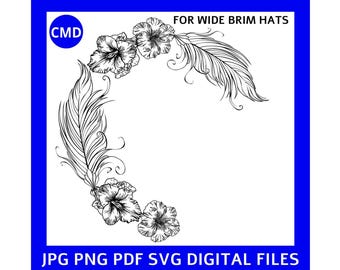 Federn und Blumen Hut Brennendes Design, Feder Muster, breite Krempe, Laser Brennbar, DIY Pyrographie Vorlage, Digitale Dateien png jpg pdf SVG