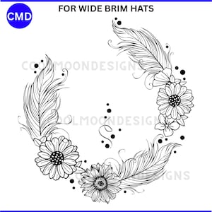 Feather Party Hat Burning Design, Floral Feathers Pattern, Flowers, Wide Brim Hats, DIY Pyrography Template, Digital Files png jpg pdf SVG