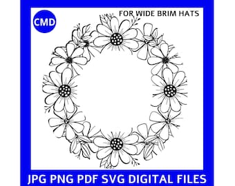 Daisy Wreath Hut Brennendes Design, Hüte mit breiter Krempe, Handgezeichnetes Blumenmuster, Natur inspiriert, Musik Festival, Digitale Dateien png pdf jpg SVG
