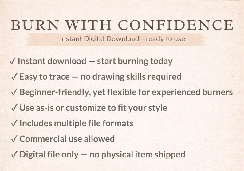 Puede incluir: Imagen con texto: "BURN WITH CONFIDENCE" y "Descarga digital instant&aacute;nea - listo para usar." Destaca la descarga instant&aacute;nea, f&aacute;cil trazado, apto para principiantes y uso comercial. Es un archivo digital.