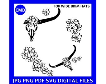 Floral Skull Hat Burning Design, Longhorn Skull Pattern, Traceable Pyrography Template, Western Flowers, Wide Brim Hats, Digital Download
