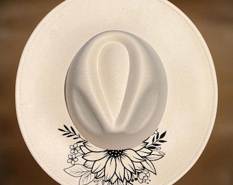 Diseño de sombrero de girasol en llamas, patrón de pirograbado de ala ancha, descarga digital floral