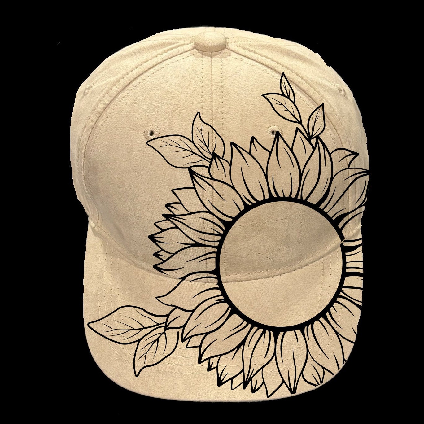Large Sunflower Baseball Hat Burning Design, Floral Flower