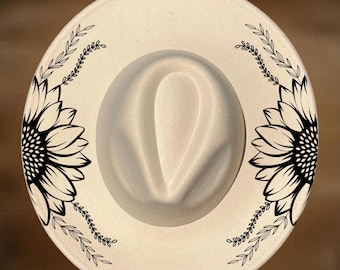 Diseño de sombrero con corona de girasoles y laurel, patrón de pirograbado de ala ancha, descarga digital.