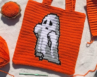 Cute Halloween Tote bag | Baby ghost | Halloween | Crochet | Gift | Handmade | Tapestry crochet | Tote Bag