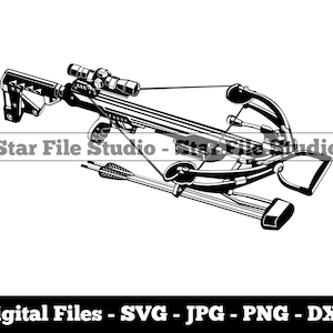 May include: Black and white illustration of a crossbow with a scope and arrow. The crossbow is a hunting weapon.