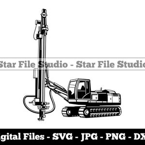 May include: Black and white illustration of a drilling rig with a large drill bit and a tracked chassis. The image includes the text "Star File Studio - Star File Studio" and "Digital Files - SVG - JPG - PNG - DXF".