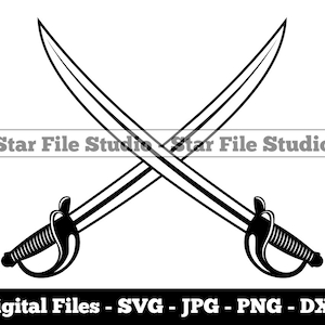 May include: A black and white illustration of two crossed swords. The swords have a curved hilt and a sharp point.