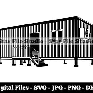 May include: Black and white illustration of a small, rectangular building with a door, window, and a small air conditioner unit on the side. The building is on stilts and has a small set of stairs leading up to the door.