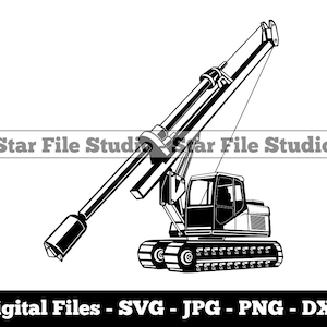 Op de afbeelding: Zwart-witte lijntekening van een rupsboorinstallatie met een lange arm en een boor. De installatie staat op een witte achtergrond.