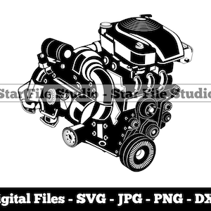 May include: Black and white line art illustration of a detailed engine. The engine is shown in a 3D perspective with all of the parts visible.